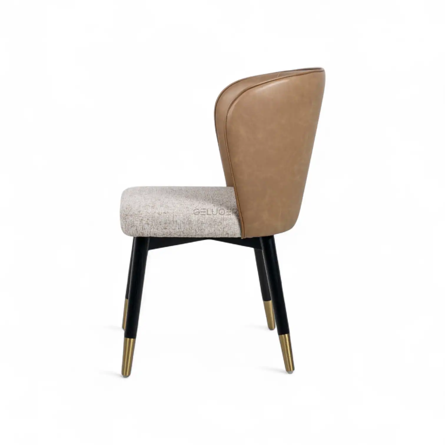 Contemporary dining chair with leather backrest and upholstered seat, stylish and comfortable furniture piece.