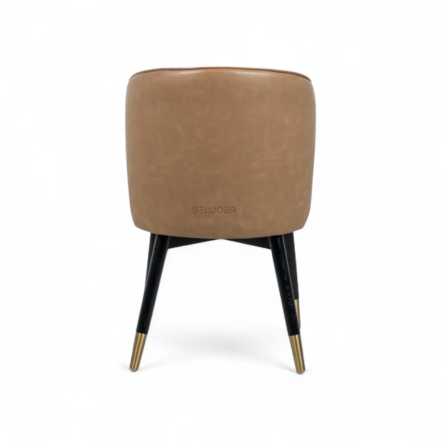 Elegant beige leather armchair with black and gold accented wooden legs by Geluoer Furniture.