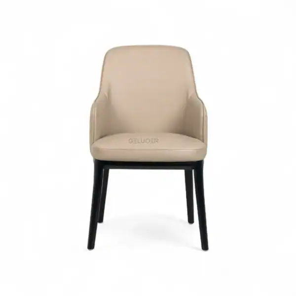 Comfortable beige leather dining chair with black wooden legs, modern design from Geluoer Furniture.