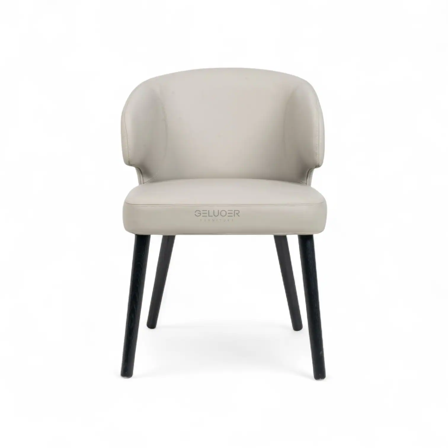 Elegant white leather dining chair with black wooden legs, modern and stylish furniture design.