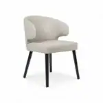 Contemporary white upholstered accent chair with black wooden legs.