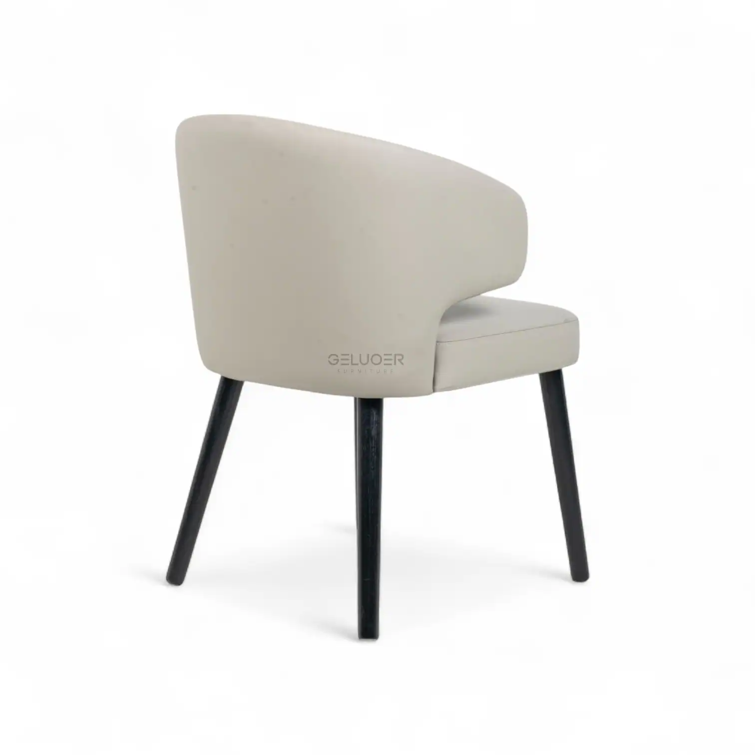 Contemporary beige upholstered accent chair with black wooden legs, modern furniture design.
