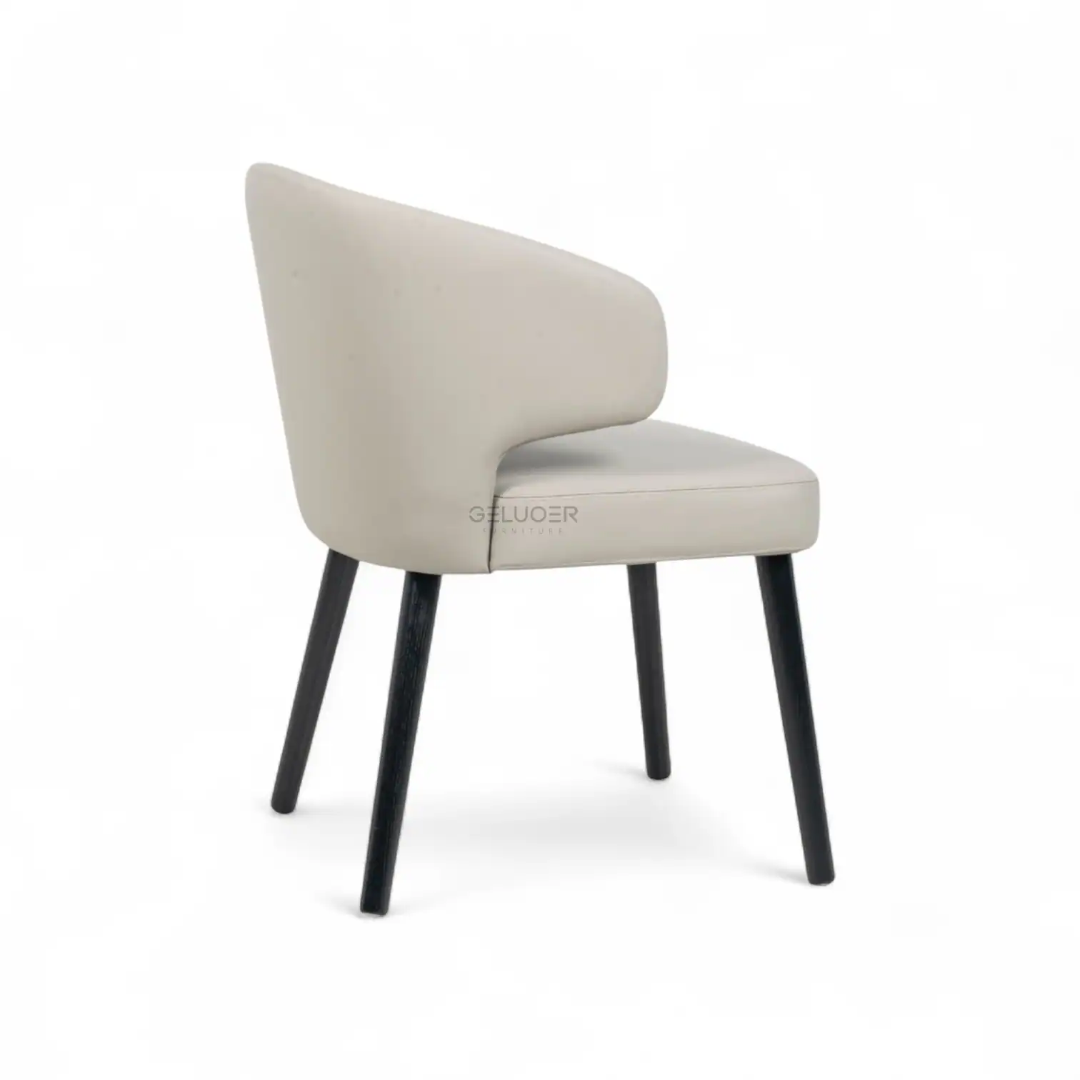Modern beige upholstered accent chair with black wooden legs for stylish home decor.