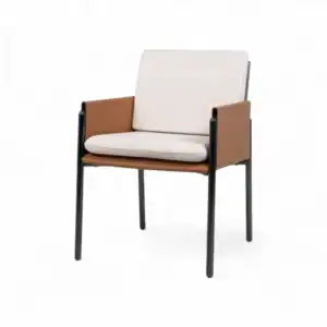 Modern armchair with beige cushions and black metal legs, stylish and comfortable furniture piece.