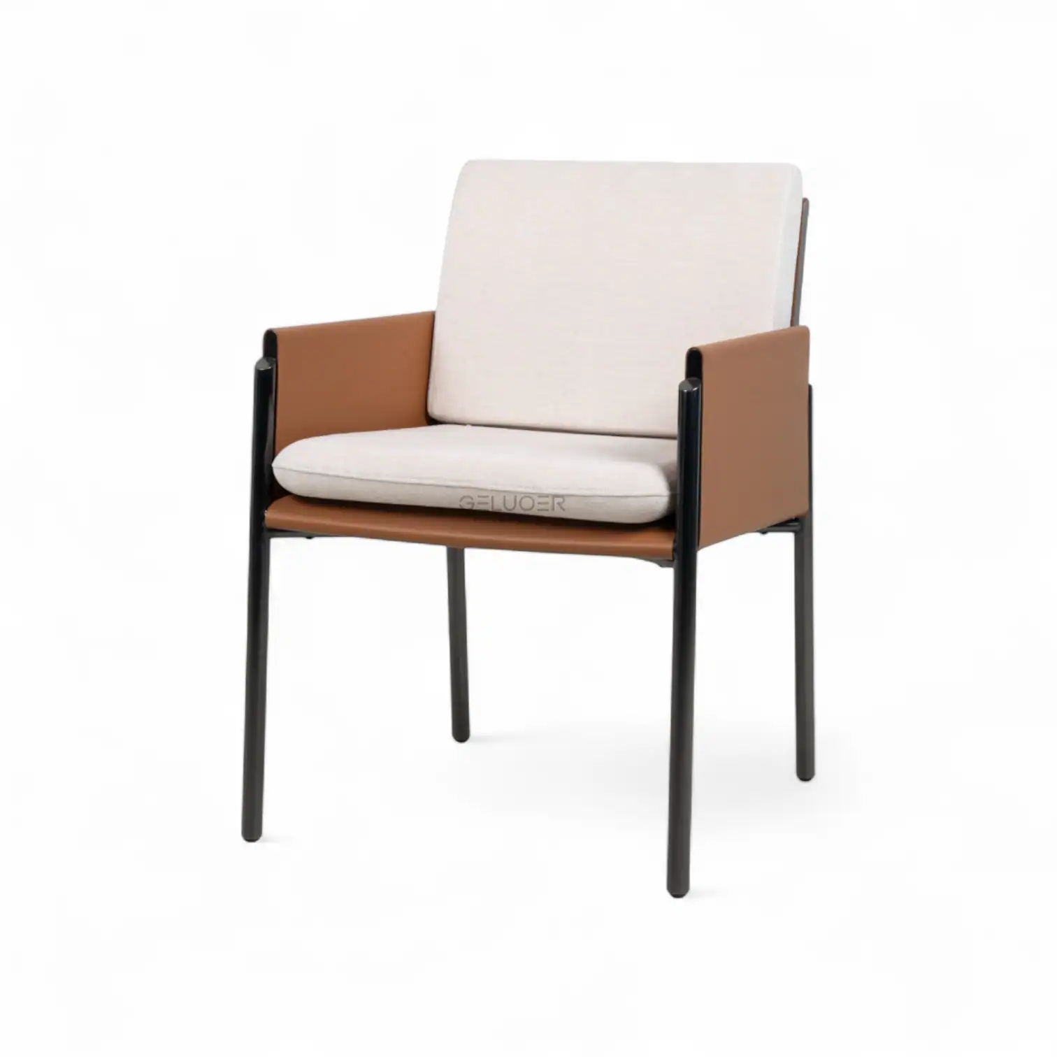 Modern armchair with beige cushions and black metal legs, stylish and comfortable furniture piece.