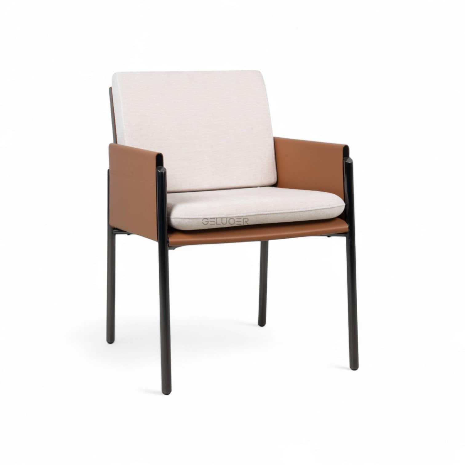 Modern beige and brown upholstered armchair with black metal frame, stylish and comfortable furniture from Geluoer Furniture.
