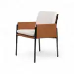 Contemporary living room armchair with brown leather accents and beige cushions, sleek black metal legs for modern decor.