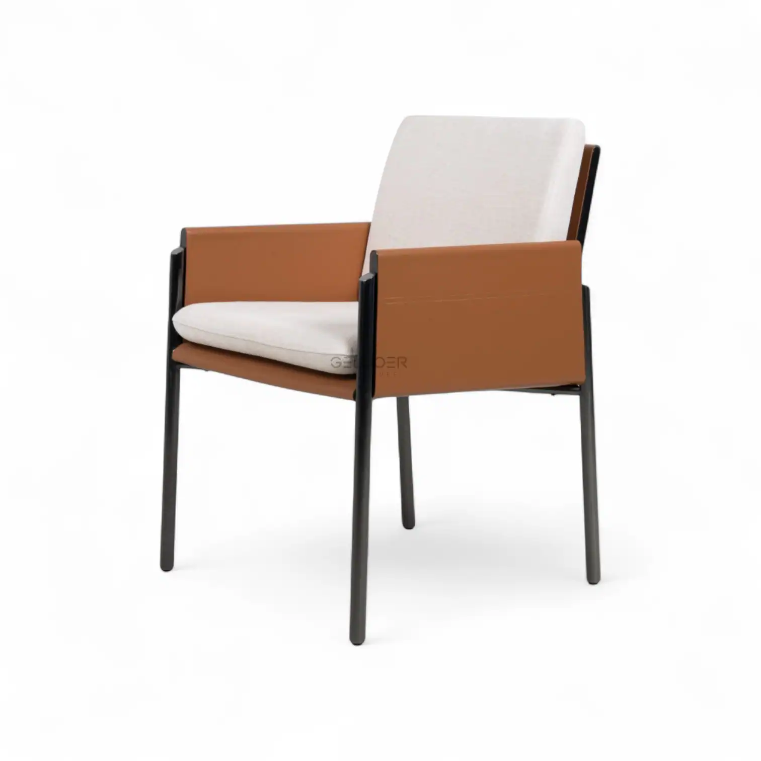 Contemporary living room armchair with brown leather accents and beige cushions, sleek black metal legs for modern decor.