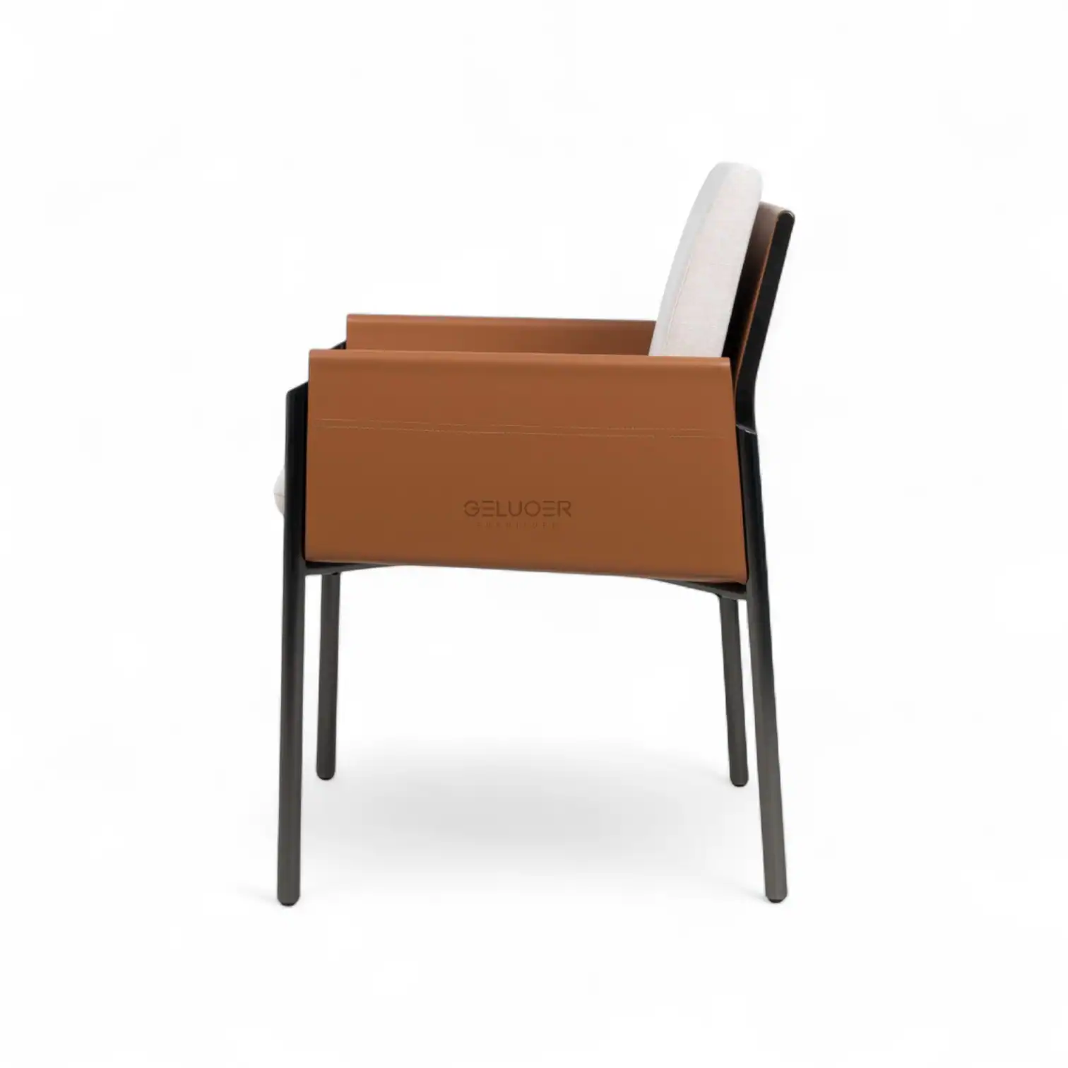 Sleek modern chair with brown leather upholstery and black metal legs, designed by Geluoer Furniture.