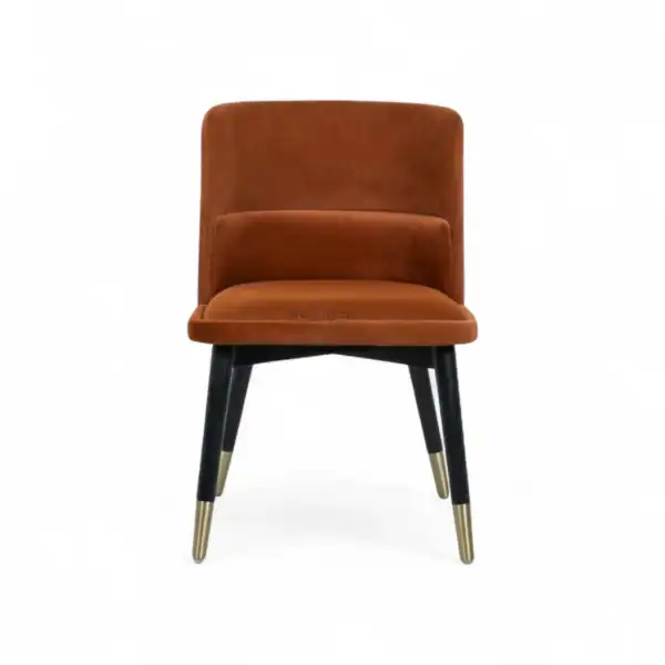 Sleek modern velvet dining chair with black and gold legs from Geluoer Furniture.