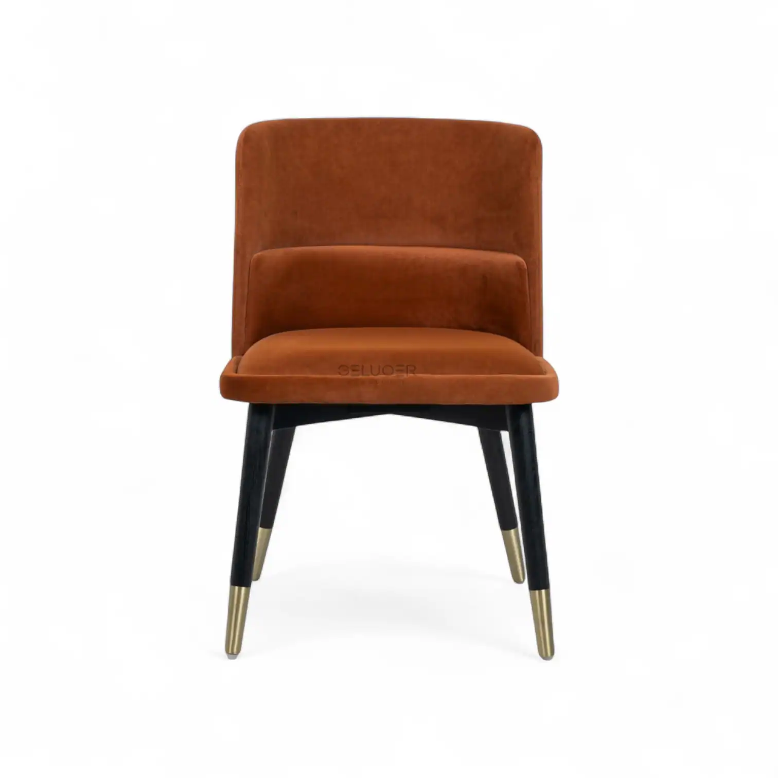 Sleek modern velvet dining chair with black and gold legs from Geluoer Furniture.