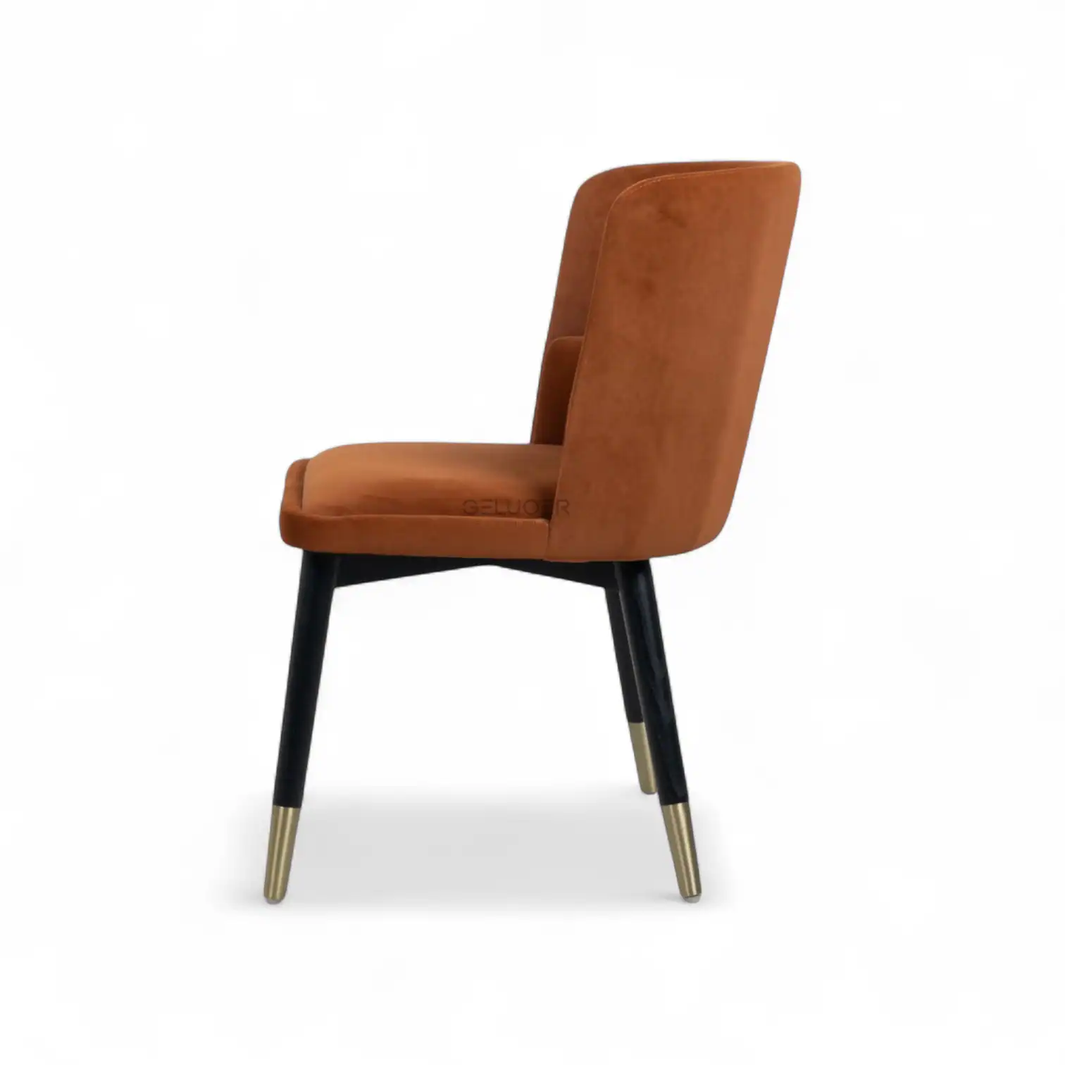 Luxurious leather dining chair with black and gold metal legs from Geluoer Furniture.