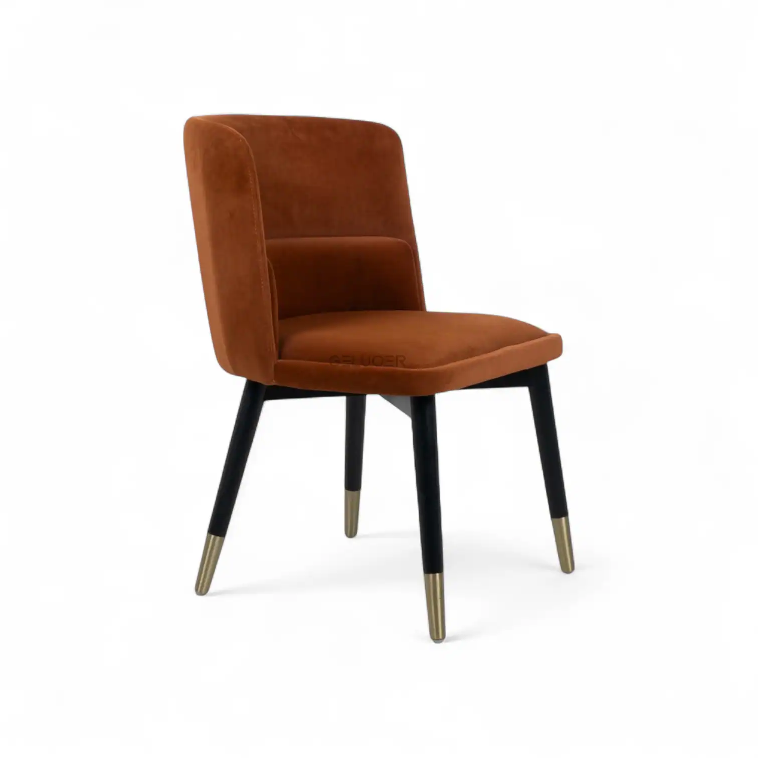 Luxurious brown velvet upholstered dining chair with black and gold tapered legs.