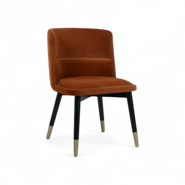 Elegant brown velvet dining chair with black and gold tapered legs, modern furniture design.