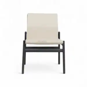 Modern minimalistic lounge chair with beige upholstery and black wooden frame.