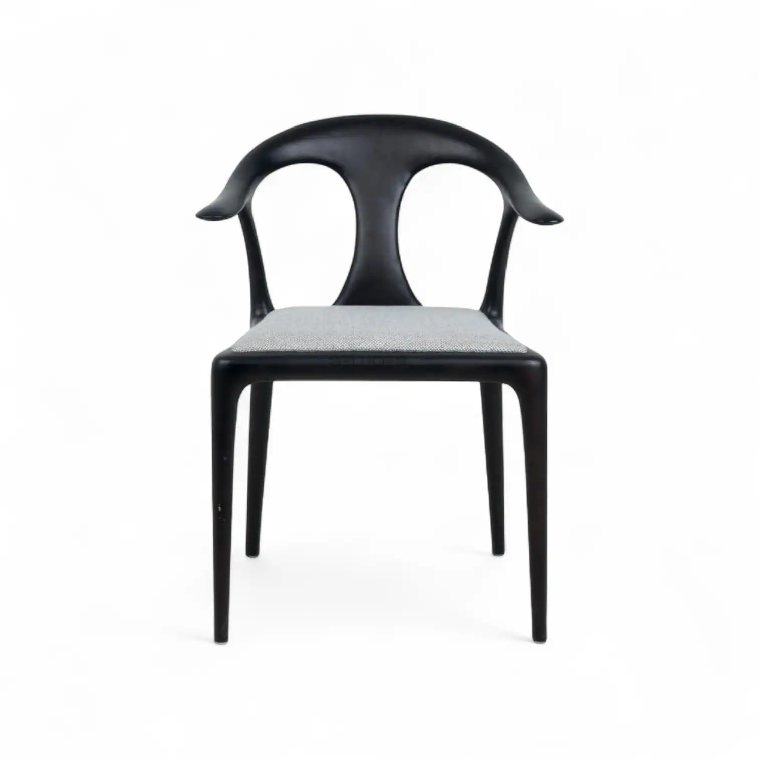 Modern black and grey upholstered wooden chair with curved arms and ergonomic design.