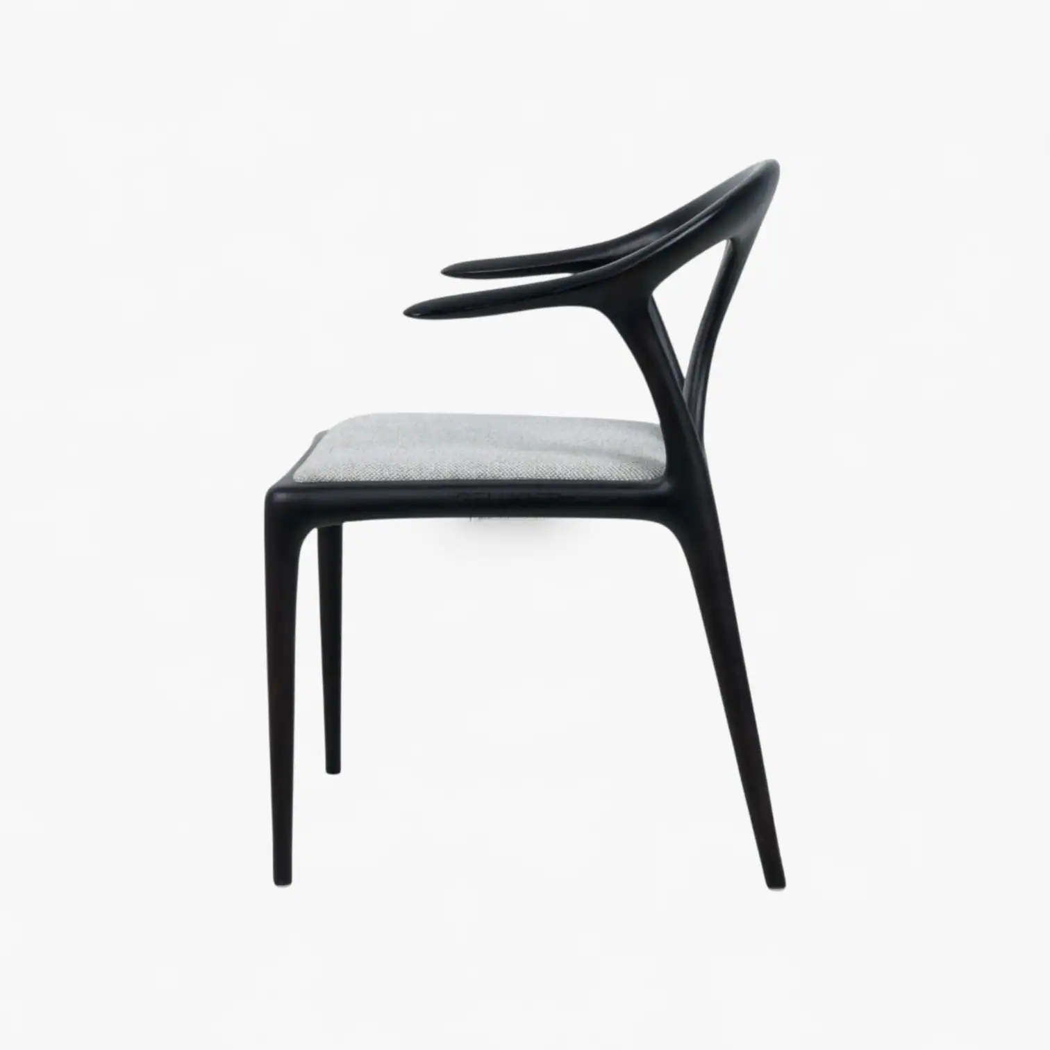 Elegant black wooden dining chair with a cushioned light gray seat, modern design perfect for contemporary home decor.
