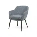 Modern grey upholstered armchair with black metal legs for contemporary furniture design.
