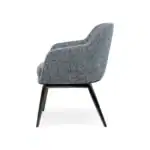 Contemporary grey upholstered armchair with black angled wooden legs.