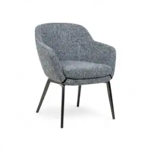 Cushioned modern armchair with fabric upholstery and black metal legs, stylish designer furniture piece.