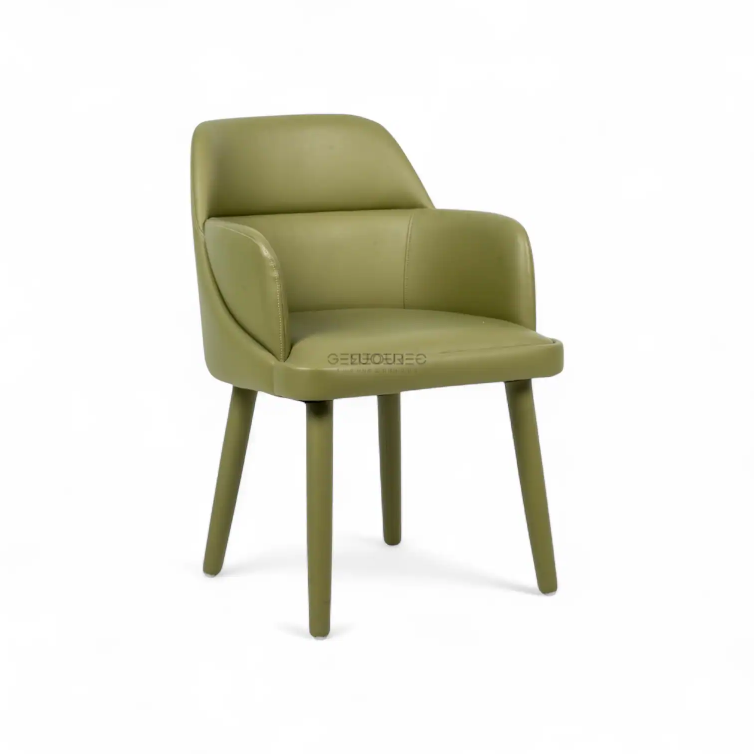 Elegant green leather accent chair with wooden legs, modern design furniture for living rooms.