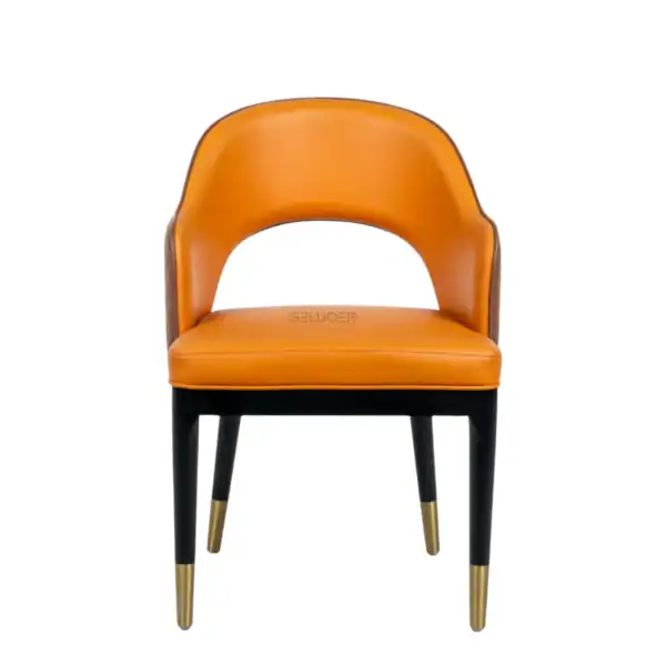 Luxurious orange leather dining chair with black and gold legs by Geluoer Furniture.