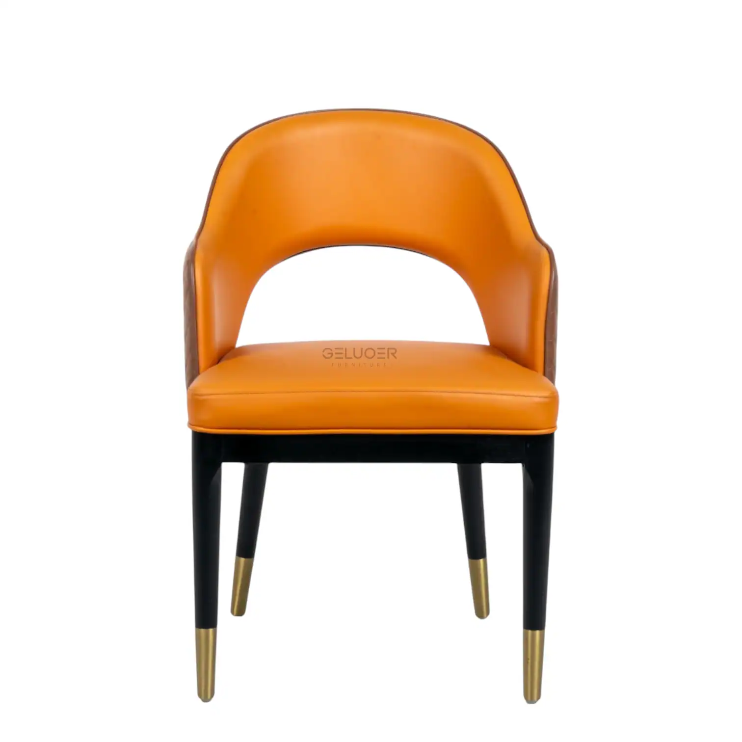 Luxurious orange leather dining chair with black and gold legs by Geluoer Furniture.
