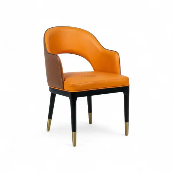 Luxurious orange and brown leather accent chair with black and gold legs, stylish home furniture from Geluoer.