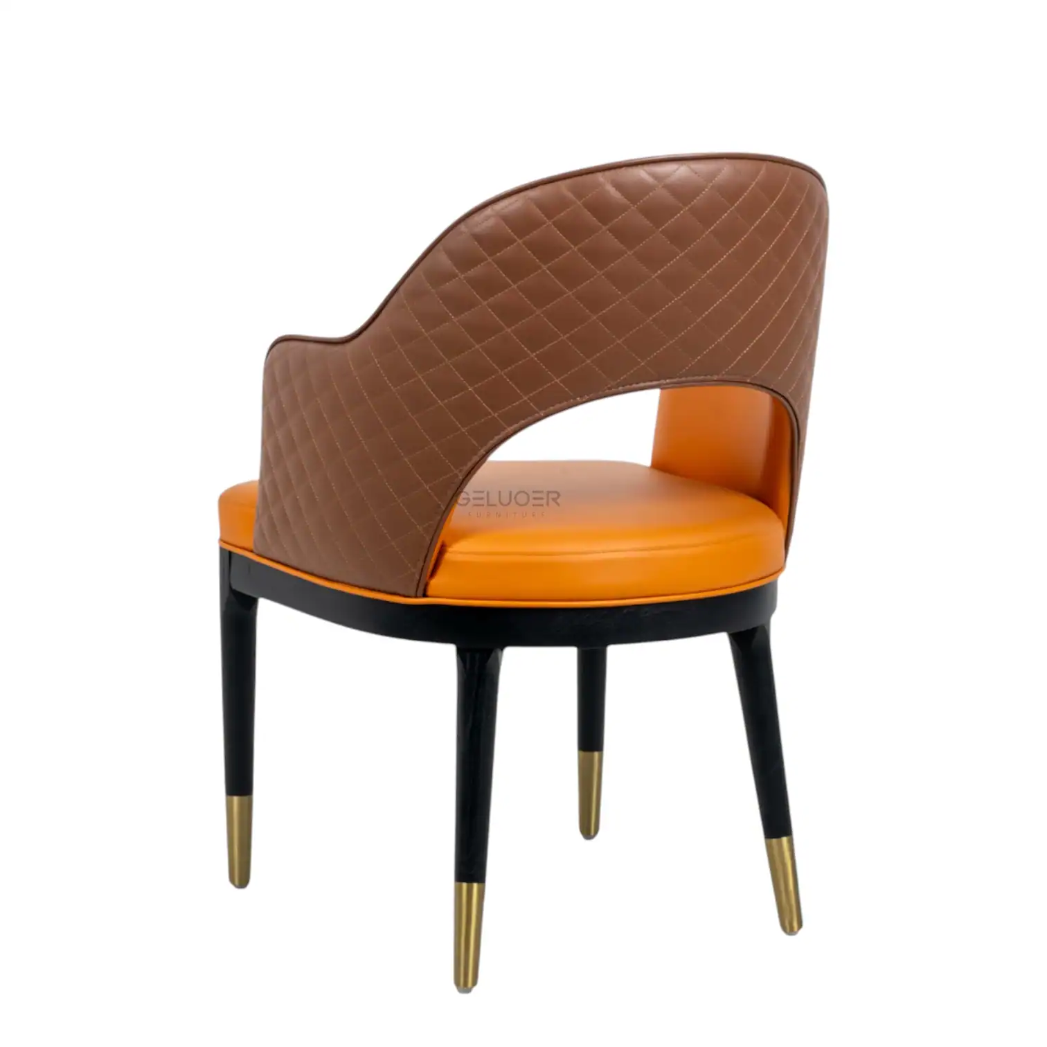 Elegant modern dining chair with leather upholstery and gold-tipped legs for contemporary home decor.