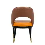 Elegant modern lounge chair with quilted brown leather upholstery and gold-accented black legs.