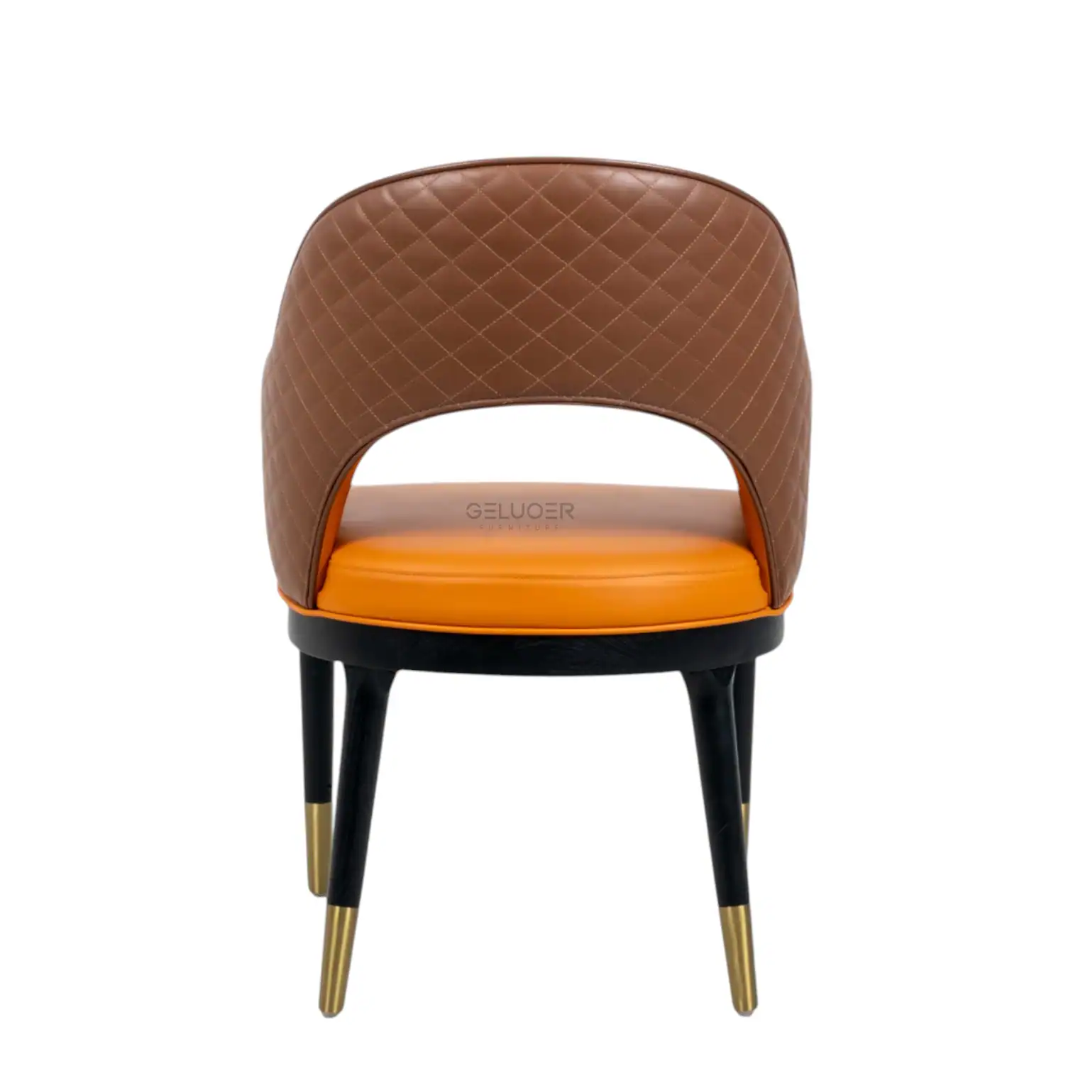 Elegant modern lounge chair with quilted brown leather upholstery and gold-accented black legs.
