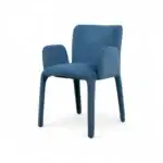Plush blue velvet dining chair with modern design, comfortable armrest, and sturdy wooden legs. Perfect for contemporary home interiors.