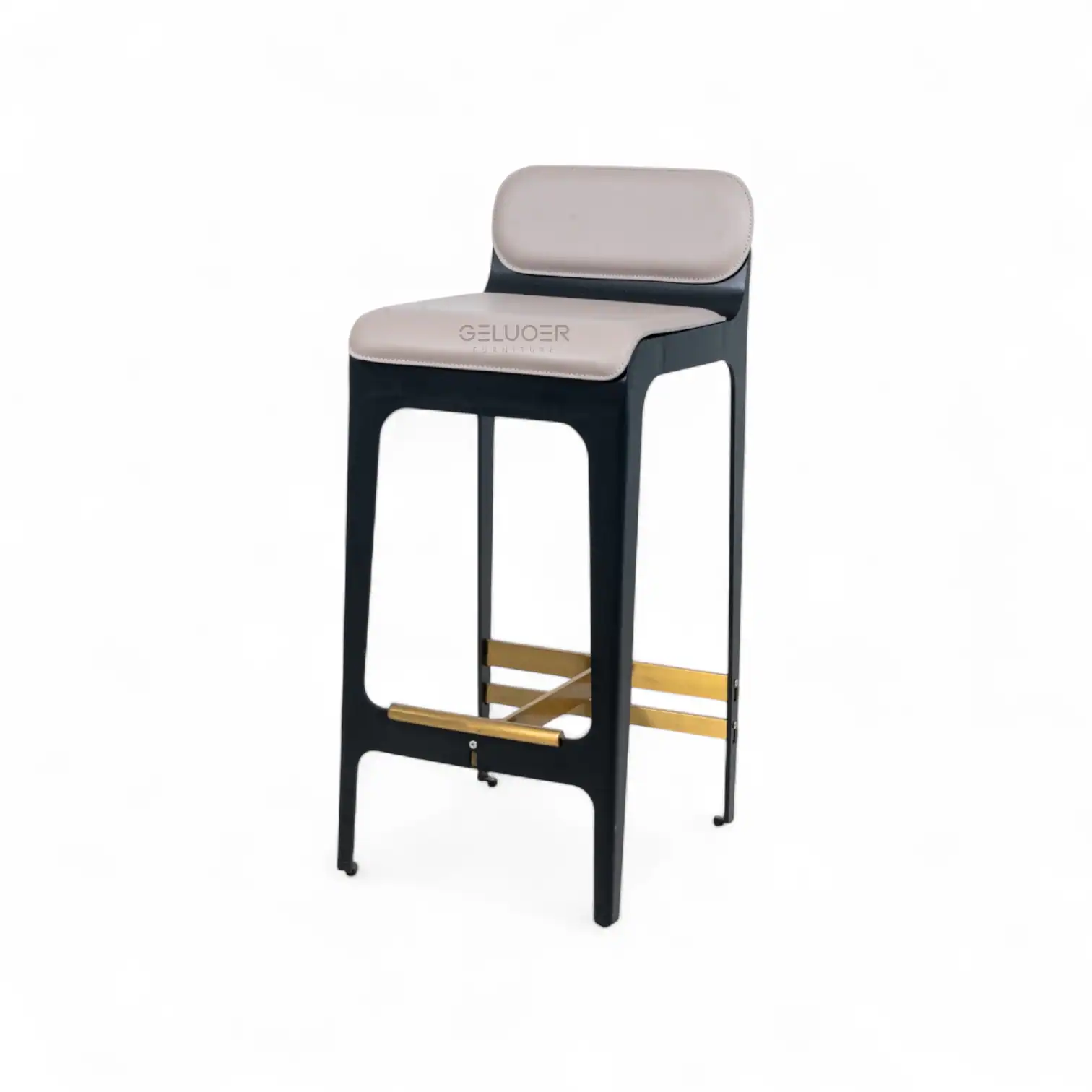 Modern bar stool with beige cushioned seat and backrest, black frame, and gold footrest.