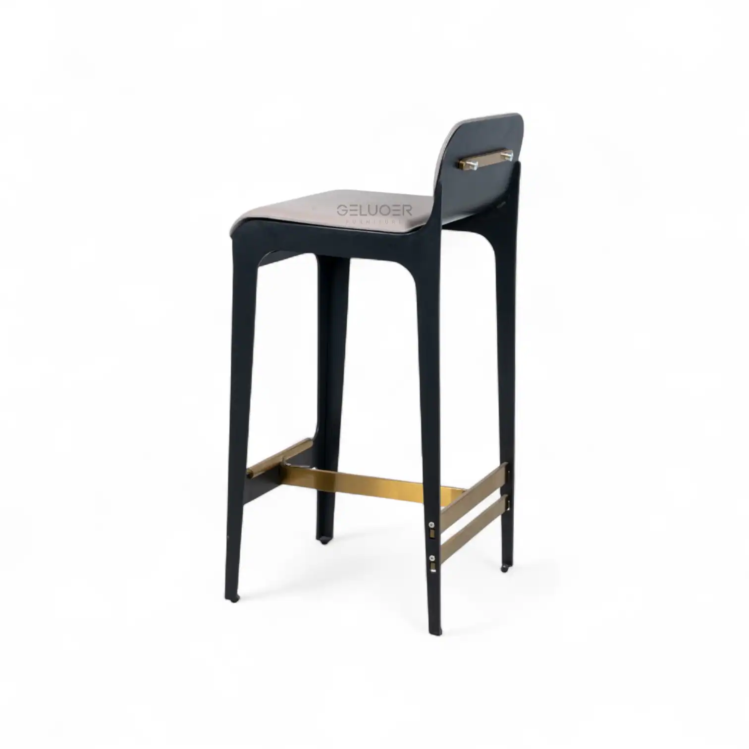 Modern black bar stool with gold accents, stylish and functional for home or commercial use.