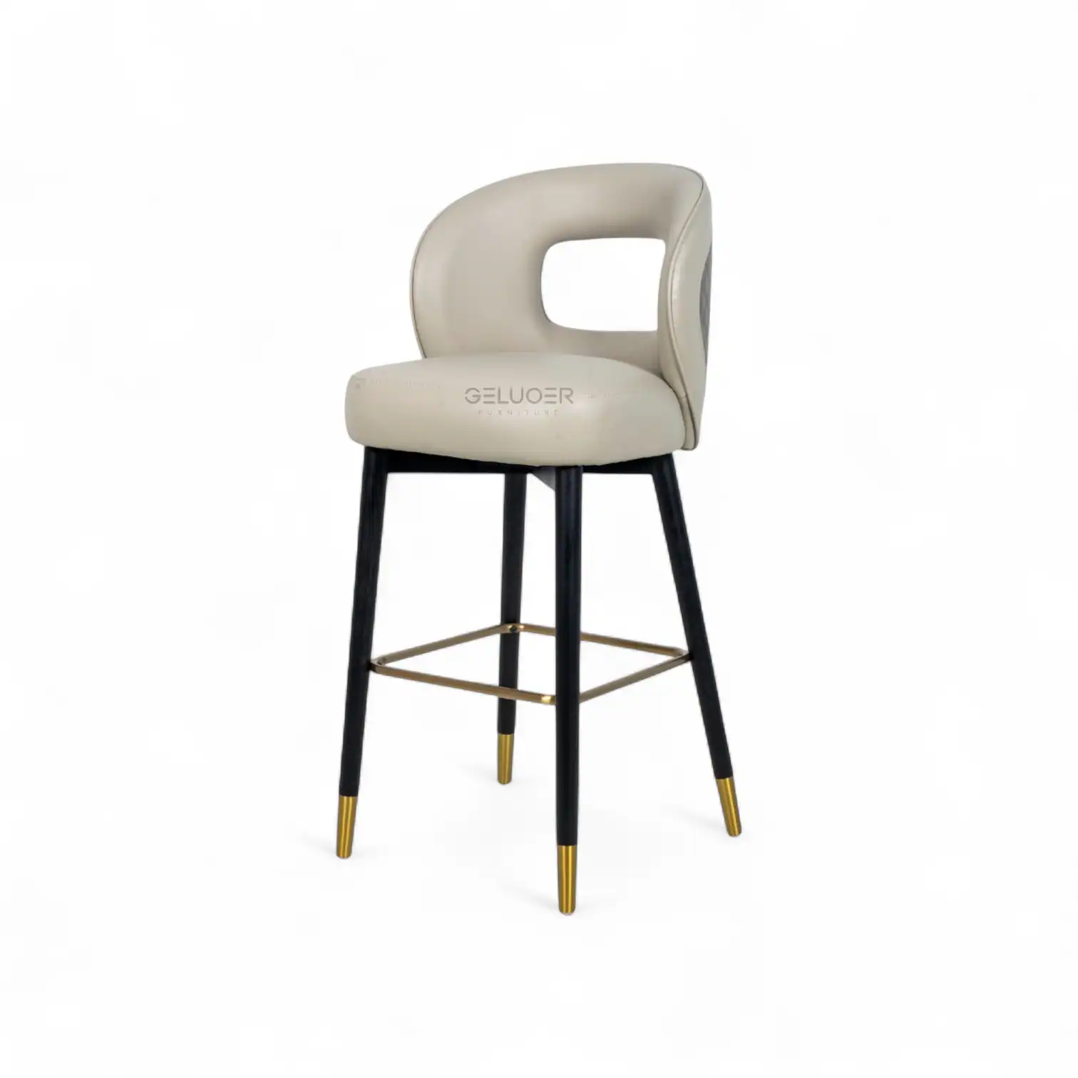 Elegant modern bar stool with beige cushioned seat and black gold-accented legs, perfect for stylish home bars or kitchens.