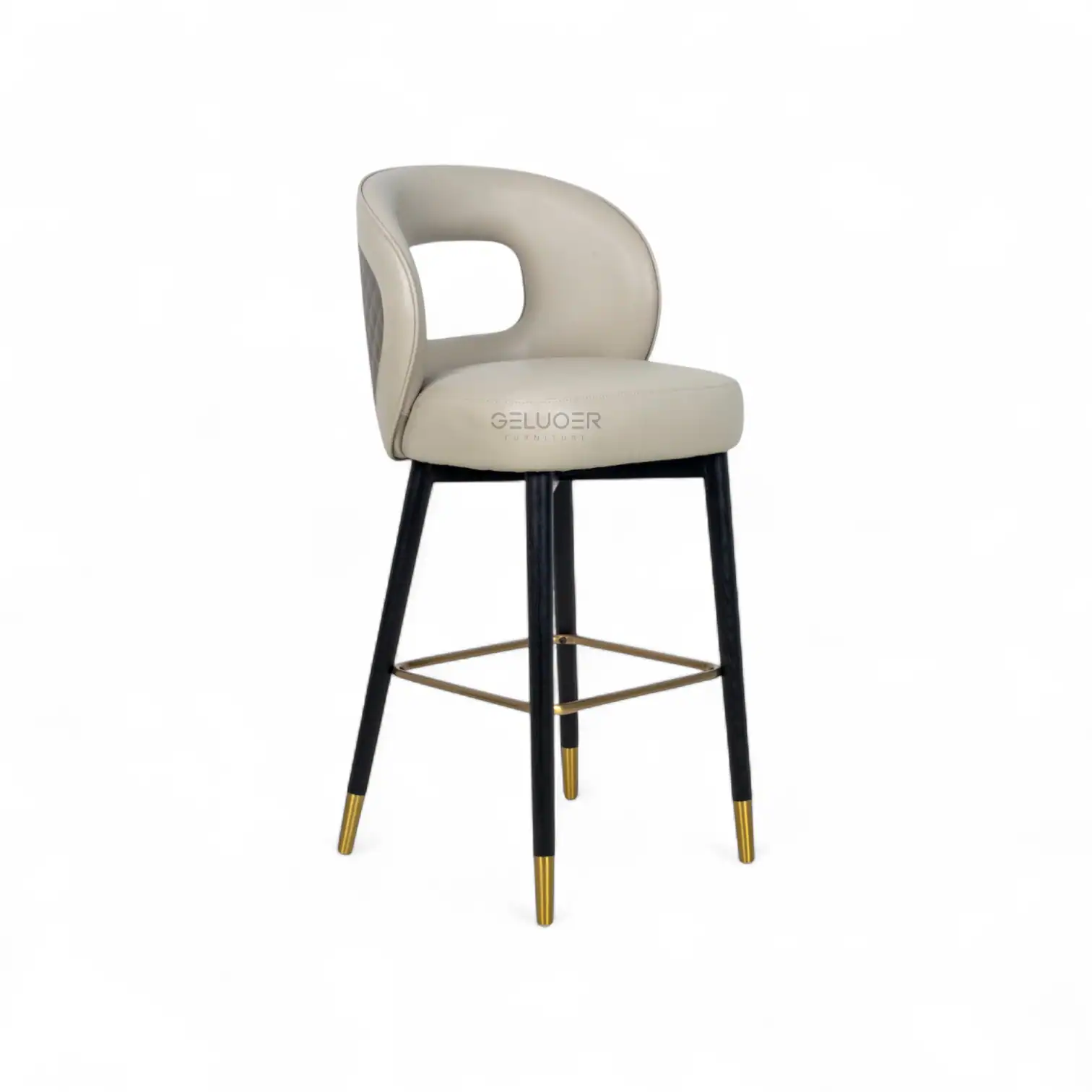 Modern beige upholstered bar stool with black and gold accent legs from Geluoer Furniture.