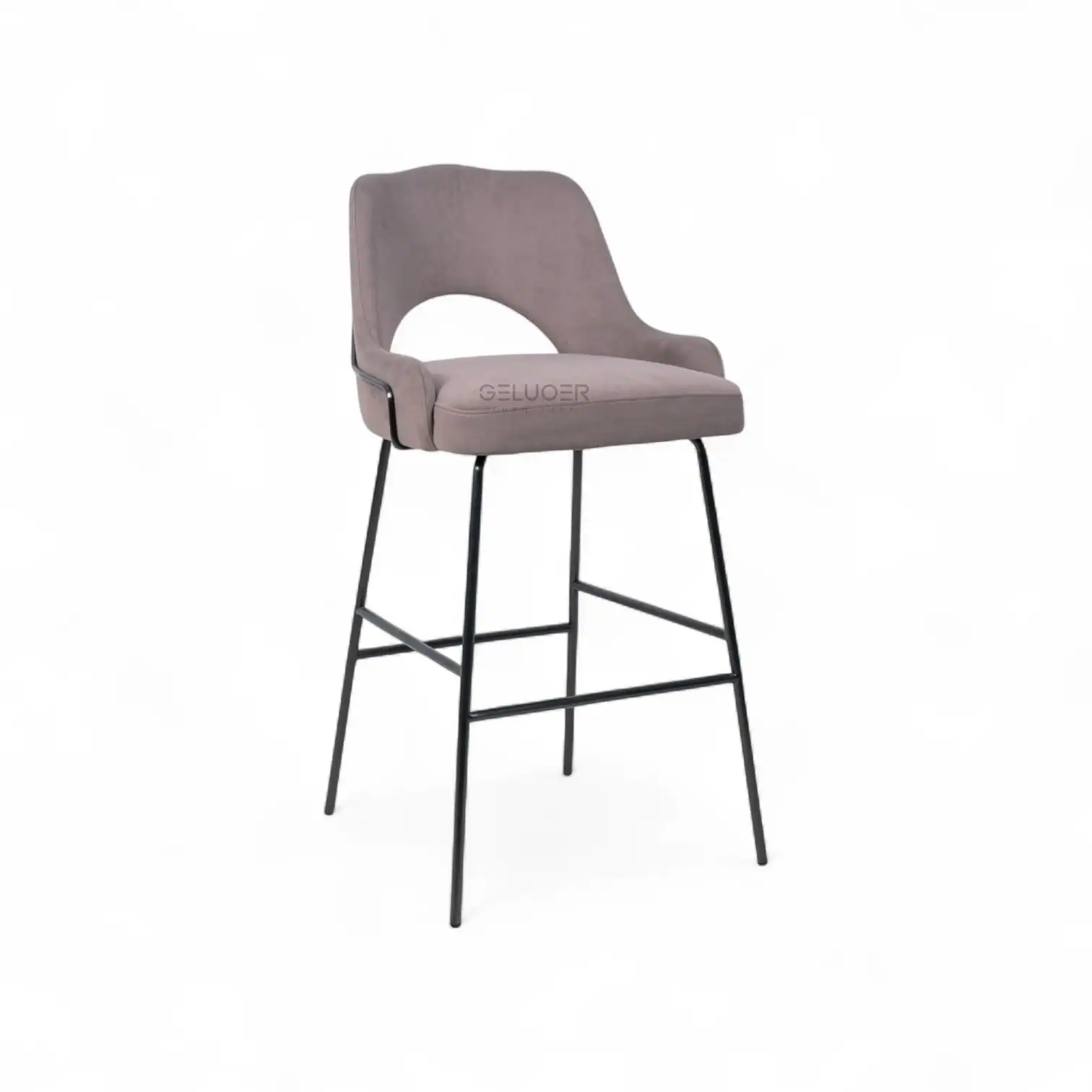 Luxurious modern upholstered bar stool with black metal legs for stylish kitchen or bar seating.