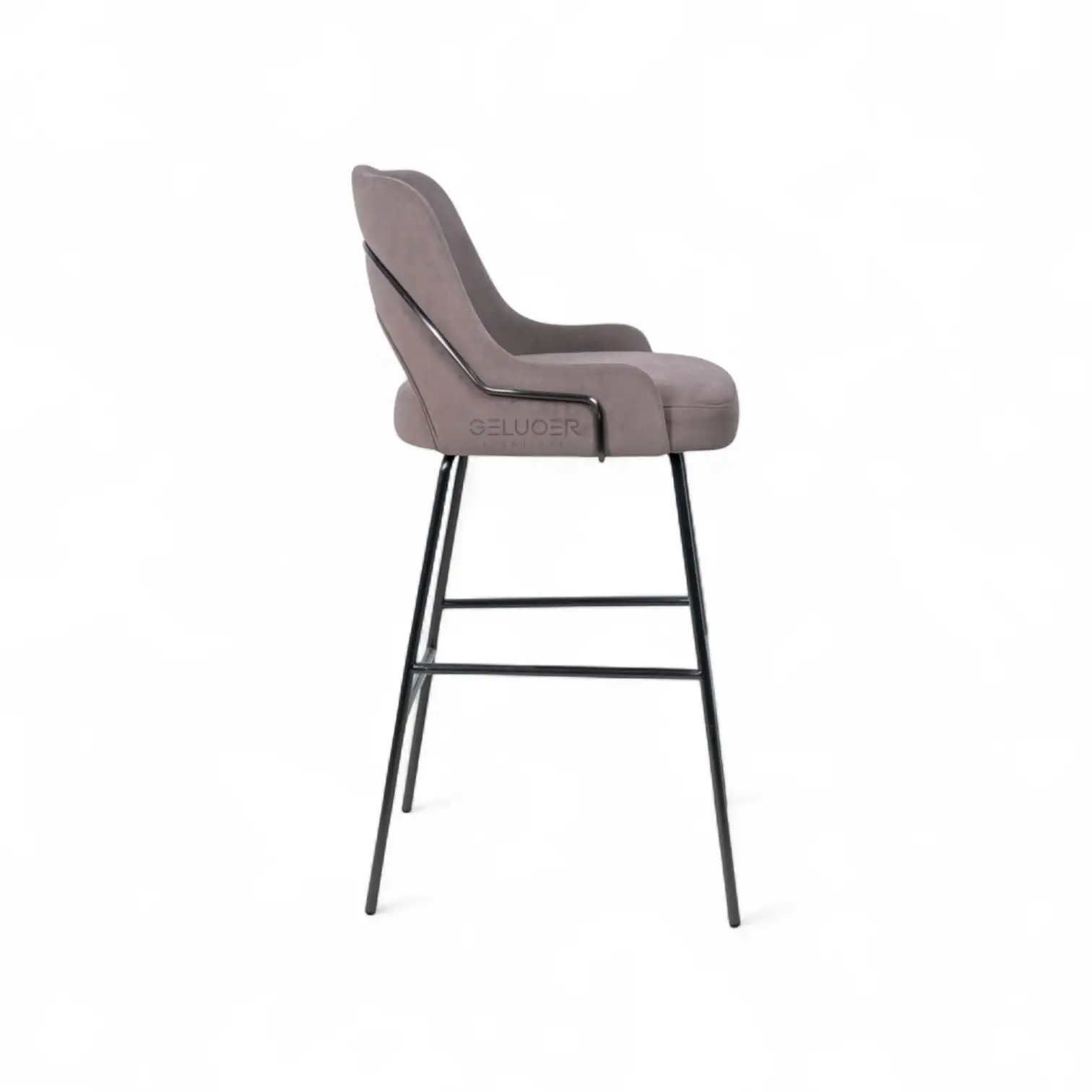 Contemporary grey upholstered bar stool with black metal legs and footrest.