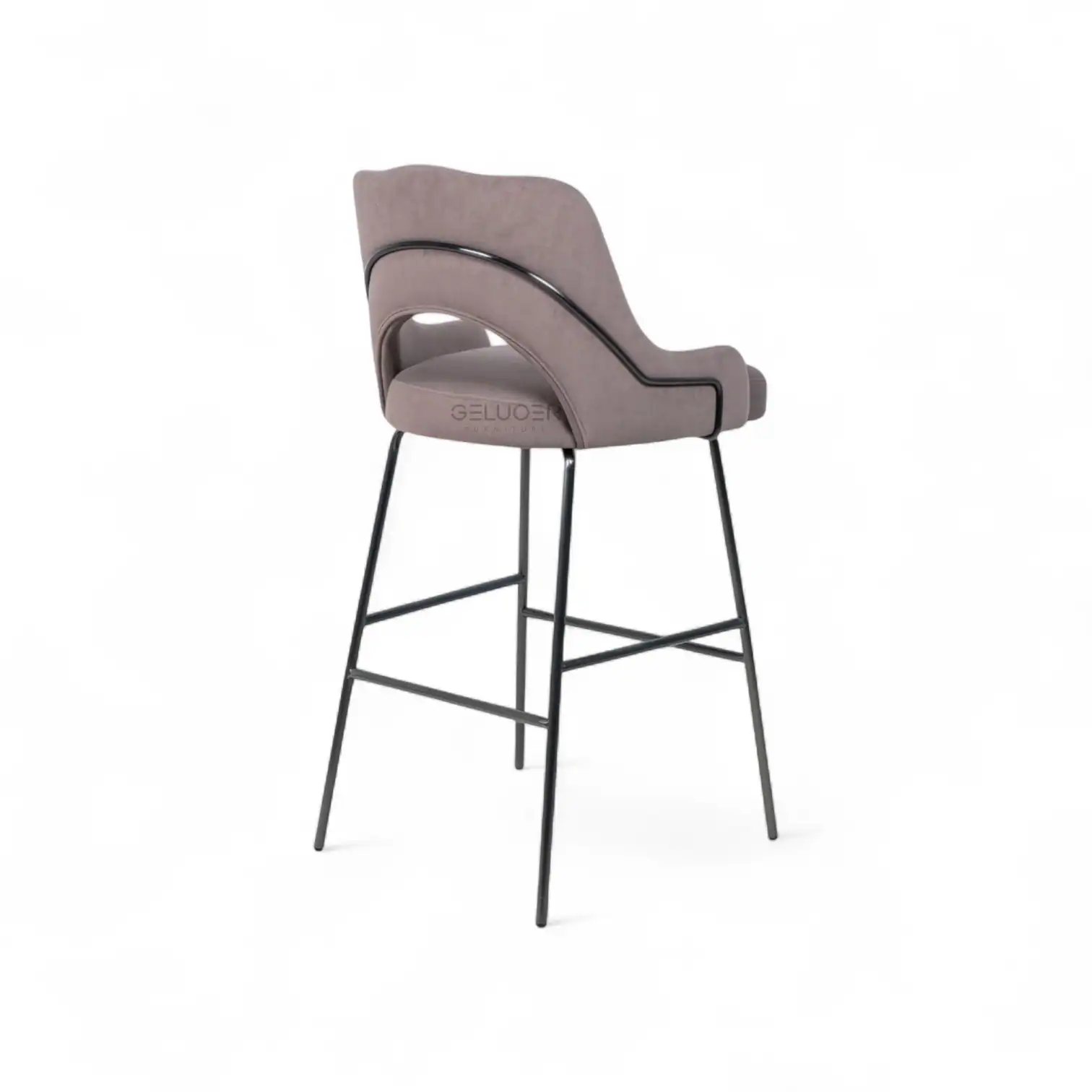 Contemporary upholstered bar stool with sleek black metal legs and modern comfort design.