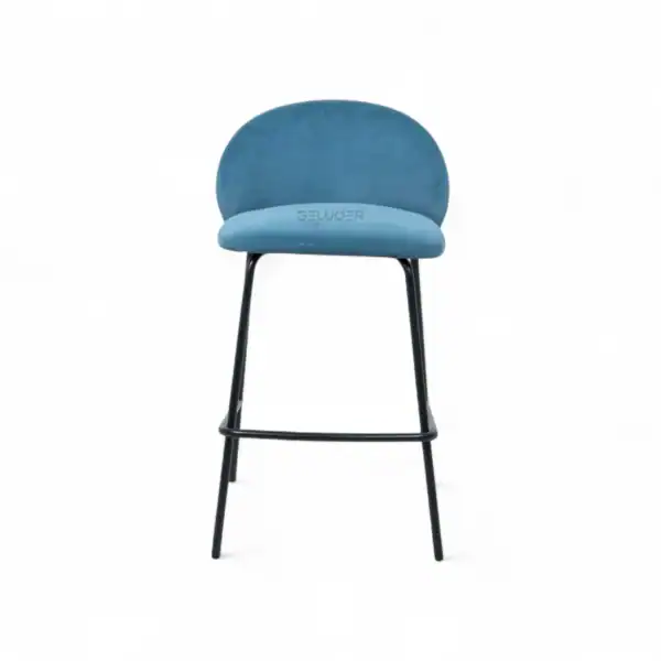 Modern blue velvet bar stool with black metal legs, stylish and comfortable furniture for home or commercial use.