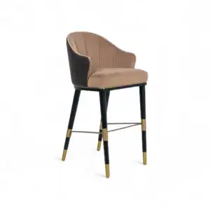 Elegant beige and black upholstered bar stool with gold accents, modern furniture for home bars and kitchens.
