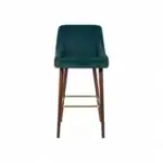 Comfortable modern bar stool in teal velvet with wooden legs.
