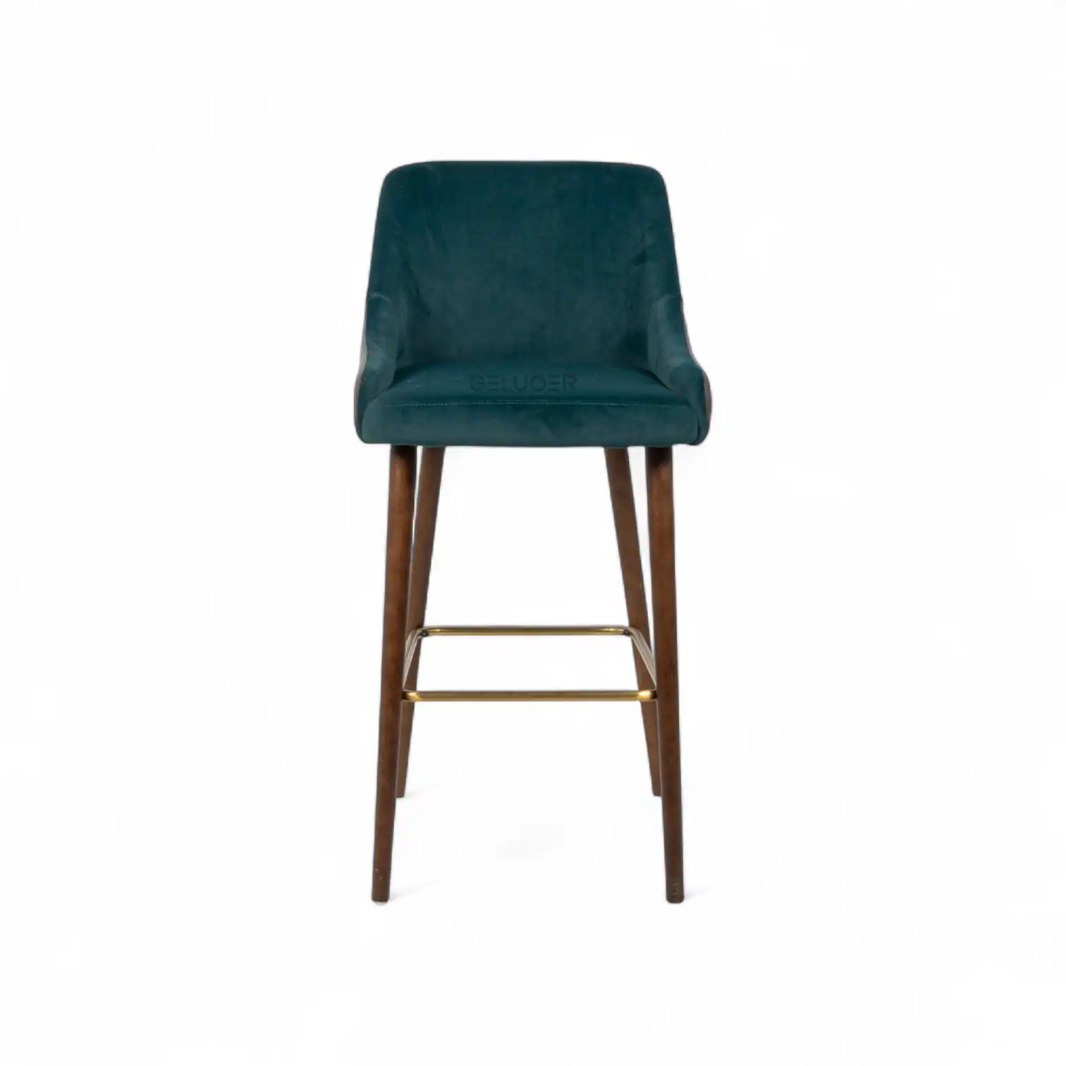 Comfortable modern bar stool in teal velvet with wooden legs.