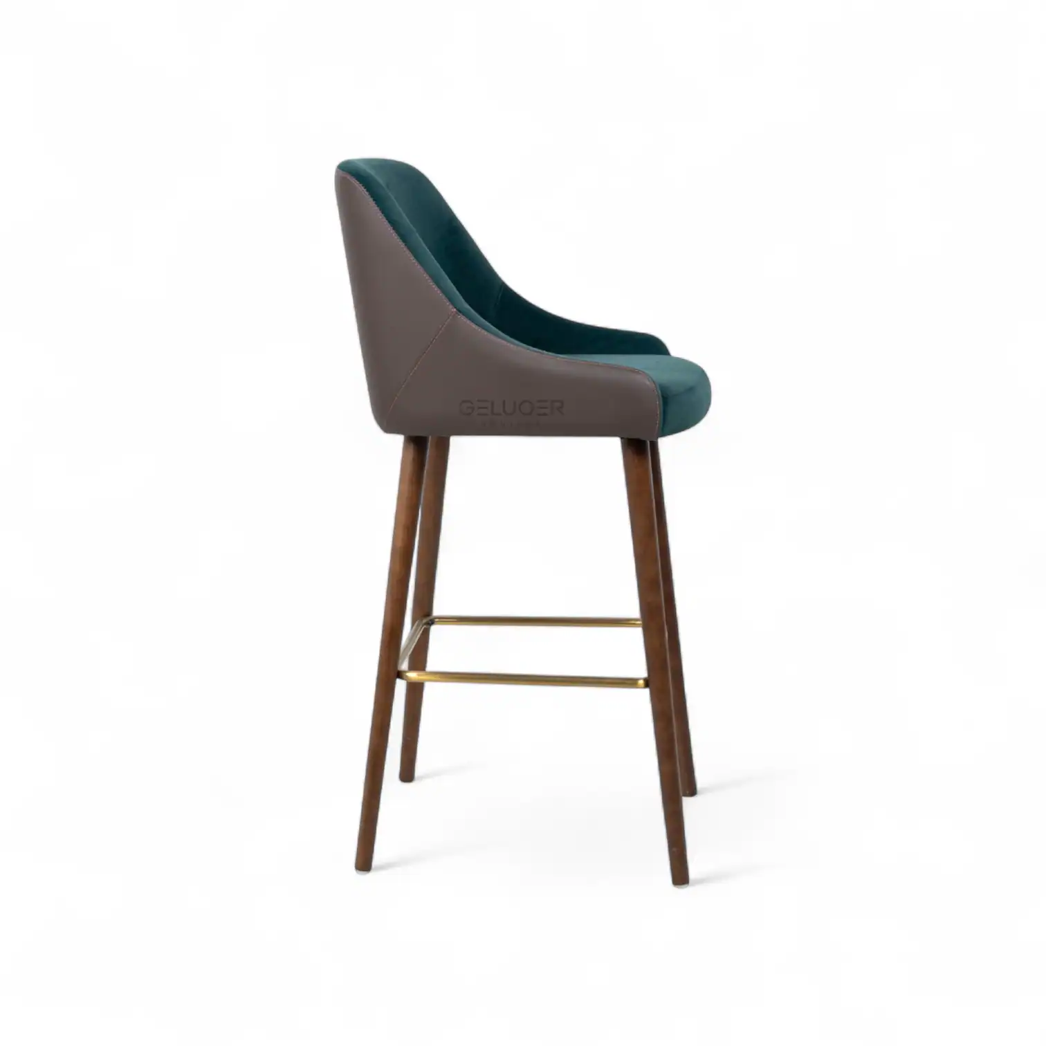 Elegant modern bar stool with wooden legs and cushioned seat, ideal for contemporary kitchen or bar area.
