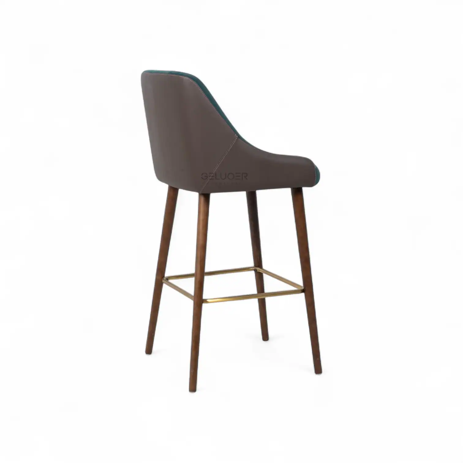 Modern upholstered bar stool with wooden legs and gold footrest for stylish kitchen or breakfast bar decor.