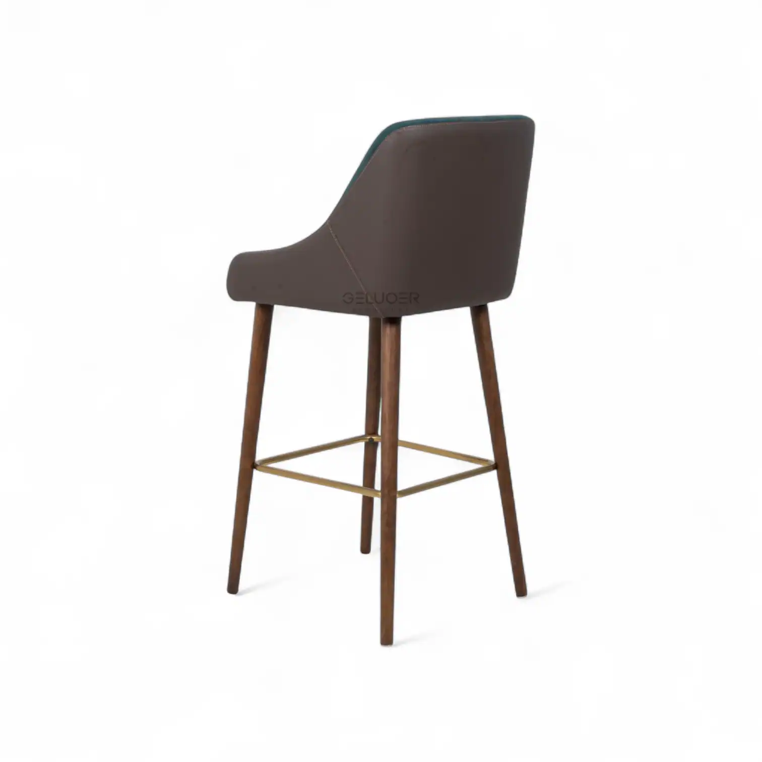 Modern upholstered bar stool with wooden legs and metal footrest, stylish and comfortable furniture piece.