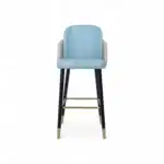Modern blue and gray upholstered dining chair with wooden legs and gold accents.