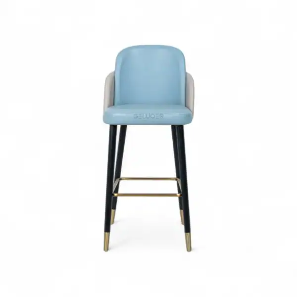 Modern blue and gray upholstered dining chair with wooden legs and gold accents.