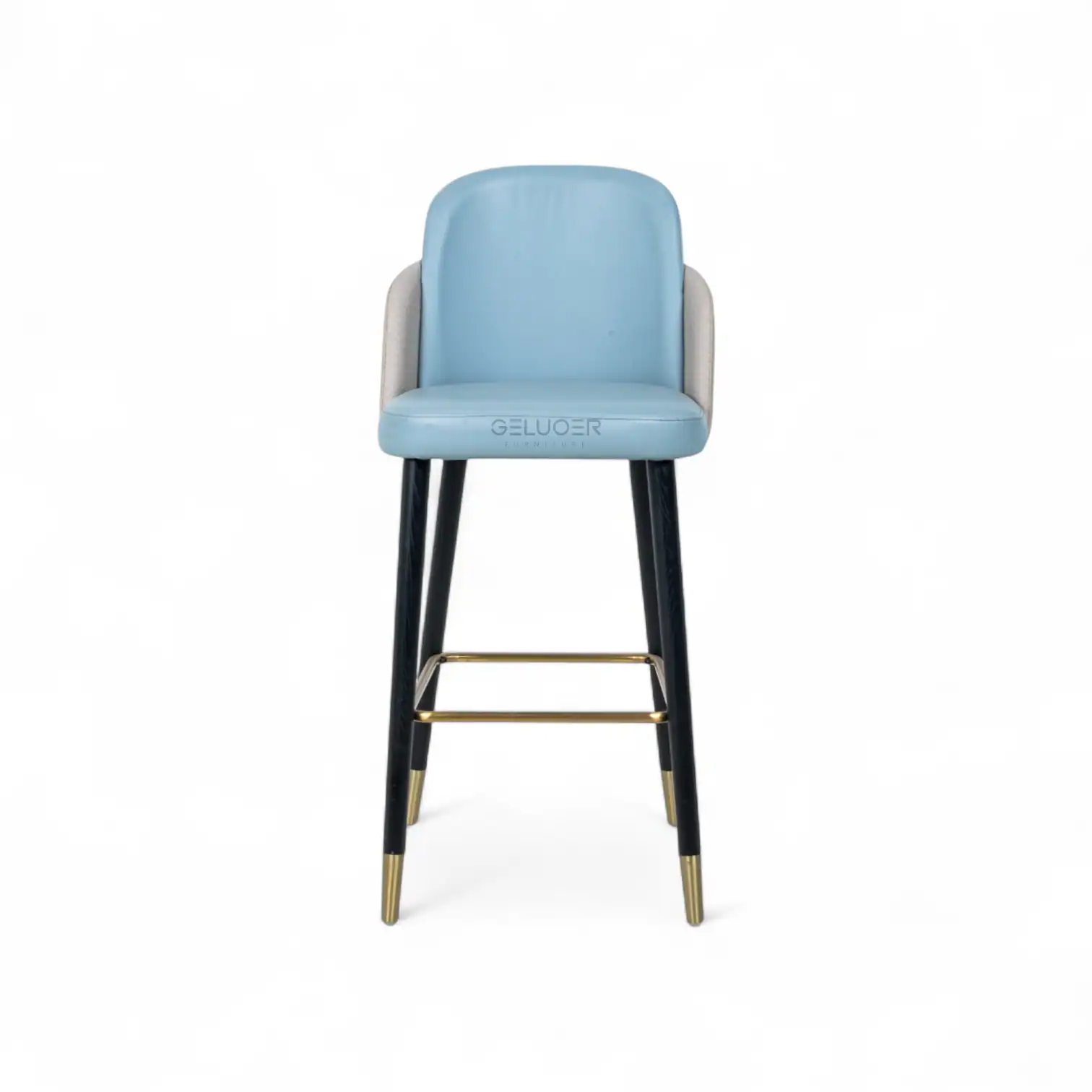 Modern blue and gray upholstered dining chair with wooden legs and gold accents.