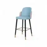 Comfortable blue and beige upholstered bar stool with gold accents and wooden legs for modern home decor.